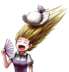 Rule 34 | 1girl, :d, aerokinesis, blonde hair, blowing, closed eyes, cropped torso, dress, fanning face, feet out of frame, hand fan, hat, highres, long hair, open mouth, paper fan, peroponesosu., puffy short sleeves, puffy sleeves, purple dress, shirt, short sleeves, smile, solo, touhou, watatsuki no toyohime, white shirt, wind