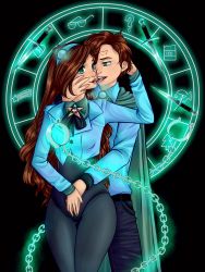 Rule 34 | 1boy, 1girl, aqua eyes, aqua vest, ascot, breasts, brooch, brother and sister, brown hair, cape, chain, collared shirt, dark persona, dipper gleeful, facial mark, forehead mark, formal, gem, glowing jewelry, gravity falls, hair ornament, hairband, hand on stomach, highres, incest, jewelry, juneii, kiss, knife, leotard, long hair, mabel gleeful, magic circle, pentagram, shirt, short hair, siblings, swept bangs, twins, vest