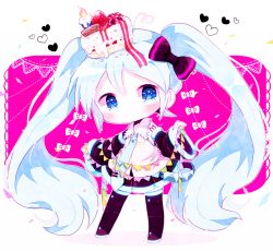 Rule 34 | 1girl, bad id, bad pixiv id, birthday cake, black bow, black footwear, black skirt, blue eyes, blue hair, blue necktie, blush, boots, bow, cake, candle, chibi, collared shirt, confetti, detached sleeves, expressionless, food, food-themed hair ornament, food on head, fruit, full body, hair bow, hair ornament, haru431, hatsune miku, heart, holding, light blue hair, long hair, long sleeves, looking at viewer, miniskirt, necktie, object on head, pennant, pink background, pleated skirt, ribbon, shirt, skirt, solo, sparkling eyes, standing, strap, strawberry, string of flags, striped ribbon, thigh boots, thighhighs, tie clip, twintails, very long hair, vocaloid, white shirt