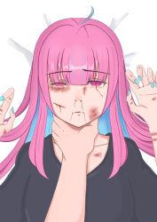 Rule 34 | 1boy, 1girl, abuse, asphyxiation, blood, blue hair, blue nails, bruise, bruise on face, bruised eye, cuts, highres, hololive, injury, long hair, minato aqua, multicolored hair, nail polish, nosebleed, ollilolli, pov, pov hands, purple hair, ryona, strangling, two-tone hair, virtual youtuber
