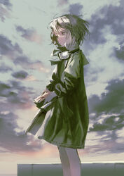 1girl blue_sky cloud cloudy_sky dawn goggles goggles_around_neck jacket kouka_(mrakano5456) looking_to_the_side original short_hair sky sky_focus solo white_hair