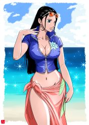 Rule 34 | 1girl, absurdres, beach, black hair, blue eyes, blue jacket, breasts, chris re5, collarbone, cowboy shot, day, eyewear on head, groin, highres, jacket, large breasts, long hair, looking to the side, midriff, navel, nico robin, one piece, open clothes, open jacket, orange-tinted eyewear, outdoors, parted lips, partially unzipped, sarong, shiny skin, short sleeves, solo, sparkle, standing, stomach, straight hair, sunglasses, tinted eyewear, very long hair, white-framed eyewear
