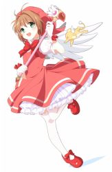 Rule 34 | 1girl, :d, antenna hair, bad id, bad pixiv id, blush, bow, bowtie, brown hair, cardcaptor sakura, dress, full body, gloves, green eyes, hair between eyes, hat, holding, holding staff, kero (cardcaptor sakura), kinomoto sakura, layered dress, leg up, mobu, open mouth, red bow, red bowtie, red dress, red footwear, red hat, red ribbon, ribbon, shoes, short dress, short hair, simple background, smile, solo, staff, standing, standing on one leg, thighhighs, white background, white gloves, white thighhighs, white wings, wings