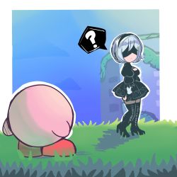 Rule 34 | 1girl, absurdres, bbycheese, black blindfold, black dress, black hairband, blindfold, covered eyes, crossover, dress, feather-trimmed sleeves, hairband, highres, kirby, kirby (series), kirby and the forgotten land, nier (series), nier:automata, nintendo, 2b (nier:automata)