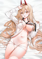 Rule 34 | 1girl, absurdres, arm on own head, blonde hair, blush, breasts, chainsaw man, cleavage, fangs, highres, horns, large breasts, long hair, looking at viewer, midriff, navel, necktie, on bed, open mouth, panties, power (chainsaw man), shirt, shirt partially removed, stomach, thighhighs, thighs, underwear, white panties, white shirt, white thighhighs, yellow eyes, yukineko1018
