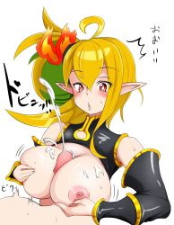 Rule 34 | 1boy, 1girl, amausagi set, black dress, blonde hair, breasts, clothed female nude male, colored inner hair, commentary, cum, detached sleeves, dress, duel monster, fire, green hair, hetero, highres, large breasts, multicolored hair, nipples, nude, paizuri, penis, pointy ears, purple eyes, sevens road witch, yu-gi-oh!, yu-gi-oh! sevens