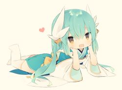 Rule 34 | 1girl, :d, arm support, beige background, blue kimono, bow, brown eyes, chibi, dragon horns, fang, fate/grand order, fate (series), green hair, hair between eyes, heart, horns, japanese clothes, kimono, kiyohime (fate), leg up, long hair, looking at viewer, lying, mimo lm, no shoes, on stomach, open mouth, short sleeves, simple background, smile, solo, very long hair, white legwear, wide sleeves, yellow bow