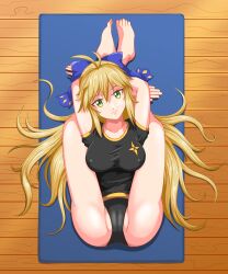 Rule 34 | 1girl, absurdres, ahoge, arms up, artoria caster (fate), artoria caster (third ascension) (fate), artoria pendragon (fate), ass, barefoot, black buruma, blonde hair, blue bow, bow, breasts, buruma, closed mouth, commission, commissioner upload, covered erect nipples, fate/grand order, fate (series), flexible, folded, gym uniform, heksaddict, highres, large breasts, legs behind head, medium breasts, non-web source, pretzel pose, solo