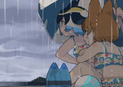 Rule 34 | 2girls, animal ears, ball, beach umbrella, beachball, bikini, blue eyes, blue hair, brown hair, closed mouth, commentary request, common dolphin (kemono friends), crossed arms, dhole (kemono friends), dog ears, frilled bikini, frills, frown, grey skirt, highres, japari symbol, kemono friends, lucky beast (kemono friends), multicolored polka dots, multiple girls, ocean, open mouth, outdoors, overcast, partial commentary, polka dot, polka dot bikini, rain, rinx, shore, short hair, sitting, skirt, sky, swimsuit, umbrella