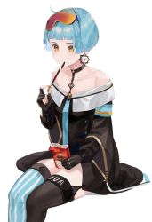 Rule 34 | 1girl, ahoge, aqua necktie, aqua thighhighs, asymmetrical legwear, bare shoulders, black choker, black gloves, black nails, black shirt, black thighhighs, blue hair, blue nails, blunt bangs, blush, bob cut, breasts, cherim, choker, collarbone, earrings, eating, fingerless gloves, food, garter straps, girls&#039; frontline, gloves, goggles, goggles on head, hand up, highres, holding, holding food, invisible chair, jewelry, long sleeves, mismatched legwear, multicolored nails, nail polish, necktie, off shoulder, orange nails, pocky, shirt, short hair, simple background, sitting, small breasts, solo, striped clothes, striped thighhighs, thighhighs, vertical-striped clothes, vertical-striped thighhighs, white background, wide sleeves, yellow eyes, zas m21 (girls&#039; frontline)