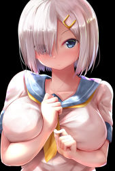 Rule 34 | 1girl, arm between breasts, between breasts, black background, blue eyes, blue sailor collar, blush, breasts, closed mouth, eyes visible through hair, hair ornament, hair over one eye, hairclip, hamakaze (kancolle), kantai collection, large breasts, neckerchief, nicoby, nose blush, sailor collar, school uniform, serafuku, shirt, short hair, short sleeves, silver hair, simple background, solo, upper body, white shirt, yellow neckerchief