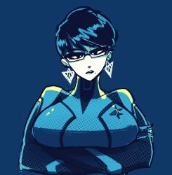 Rule 34 | 1girl, bayonetta, bayonetta (series), bayonetta 2, black hair, blue background, breast hold, breasts, cdlum, cosplay, crossed arms, earrings, glasses, head tilt, highres, jewelry, large breasts, limited palette, looking at viewer, metroid, mole, mole under mouth, nintendo, parted lips, pixie cut, portrait, samus aran, samus aran (cosplay), short hair, skin tight, solo, super smash bros., swept bangs, triangle earrings, zero suit