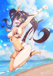 Rule 34 | 1girl, absurdres, adapted costume, arm up, armpits, beach, bikini, black hair, breasts, cleavage, duel monster, full body, highres, i:p masquerena, large breasts, looking at viewer, mechanical tail, midriff, navel, ocean, one eye closed, outdoors, paid reward available, purple bikini, purple eyes, sengenjin31, snorkel, solo, swimsuit, tail, twintails, yu-gi-oh!