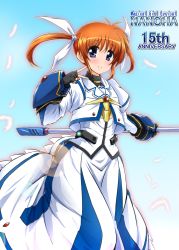 Rule 34 | 1girl, anniversary, antenna hair, black gloves, blush, brown hair, diesel-turbo, dress, feathers, fingerless gloves, gloves, highres, long sleeves, looking at viewer, lyrical nanoha, magical girl, mahou shoujo lyrical nanoha, puffy sleeves, purple eyes, raising heart, short hair, short twintails, simple background, smile, solo, takamachi nanoha, takamachi nanoha (movie 1st mode), twintails, v, white dress