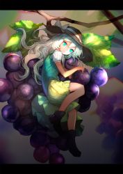 Rule 34 | 1girl, aqua eyes, black footwear, boots, bow, brown hat, closed mouth, food, fruit, full body, grapes, green skirt, green vest, hair between eyes, hat, hat bow, heart, highres, komeiji koishi, leaf, letterboxed, light smile, long hair, looking at viewer, lying, mini person, minigirl, miniskirt, on side, onion (onion and pi-natto), shirt, short sleeves, silver hair, skirt, skirt set, solo, third eye, touhou, twig, vest, wavy hair, white bow, white shirt