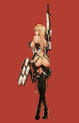 Rule 34 | 1girl, ass, back, bare shoulders, black gloves, blonde hair, blue eyes, boots, breasts, crossed legs, facing away, full body, gloves, gun, high heel boots, high heels, highres, holding, holding gun, holding weapon, large breasts, long hair, narrow waist, red background, revealing clothes, shotgun, shotgun shell, solo, standing, thighhighs, thong, weapon, wei (kaminari0411)