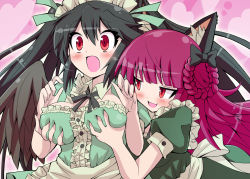 Rule 34 | 2girls, :o, alternate costume, alternate hairstyle, animal ears, black hair, blush, bow, braid, grabbing another&#039;s breast, breasts, cat ears, cat girl, deep skin, enmaided, female focus, givuchoko, grabbing, groping, hair bow, heart, jitome, kaenbyou rin, large breasts, long hair, maid, maid headdress, multiple girls, naughty face, open mouth, pervert, pink hair, red eyes, reiuji utsuho, smile, surprised, surprised arms, touhou, twintails, wide-eyed, wings, yuri