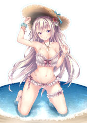 Rule 34 | 1girl, :p, beach, bikini, blush, bracelet, breasts, brown hair, cleavage, closed mouth, collarbone, comiket 102, cross, cross necklace, flower, frilled bikini, frills, groin, hair flower, hair ornament, hat, hat ribbon, jewelry, kneeling, long hair, looking at viewer, medium breasts, navel, necklace, o-ring, ocean, original, purple eyes, ribbon, ryo (botugo), scrunchie, simple background, smile, straw hat, sun hat, swimsuit, tongue, tongue out, very long hair, white background, white bikini, wrist scrunchie
