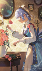 Rule 34 | 1girl, absurdres, ayaka (genshin impact), back bow, blue dress, blue eyes, blunt tresses, blurry, bow, breasts, brown hat, butter, candle, candlestand, clock, commentary request, cutting, depth of field, dress, floral print, flower, food, from side, genshin impact, gold trim, grey hair, hair flower, hair ornament, hair rings, hat, hat flower, hat ribbon, highres, holding, holding flower, holding scissors, ikebana, kamisato ayaka, kamisato ayaka (springbloom missive), leaf, long dress, long sleeves, looking at object, medium breasts, mole, mole under eye, multicolored clothes, multicolored dress, neck tassel, official alternate costume, official alternate hairstyle, painting (object), parted lips, profile, puffy long sleeves, puffy sleeves, red flower, red rose, rhtkd, ribbon, rose, scissors, solo, tassel, vase, wall, wall clock, white flower