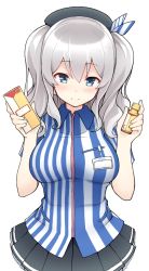Rule 34 | 10s, 1girl, beret, blue eyes, blush, bottle, breasts, clerk, convenience store, employee uniform, hat, jam (jam0601), kantai collection, kashima (kancolle), large breasts, lawson, long hair, looking at viewer, miniskirt, shop, sidelocks, silver hair, skirt, smile, solo, tsurime, twintails, uniform
