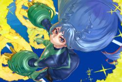 Rule 34 | 1girl, blue background, blue eyes, blue hair, bodysuit, boku no hero academia, commentary request, drill hair, gloves, hadou nejire, hair horns, highres, long hair, looking at viewer, pursed lips, simple background, skin tight, solo, spiral, twin drills, very long hair, yellow gloves, yomoyama yotabanashi