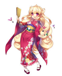 Rule 34 | 1girl, artist request, ball, blonde hair, character request, curly hair, floral print, full body, furisode, highres, holding, horns, japanese clothes, kimono, long hair, long sleeves, looking at viewer, obi, official art, open mouth, paddle, pigeon-toed, platform footwear, pointy ears, red eyes, sandals, sash, simple background, single horn, solo, tabi, table tennis ball, table tennis paddle, very long hair, white background, wide sleeves, youkai hyakki-tan!