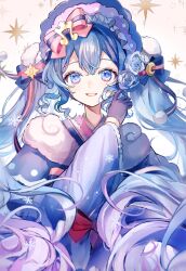 Rule 34 | 1girl, absurdres, black gloves, blue bow, blue capelet, blue eyes, blue flower, blue hair, blue hat, blue kimono, blue ribbon, blue rose, bow, capelet, commentary, crescent, double-parted bangs, flower, frilled hat, frills, fur-trimmed capelet, fur trim, gloves, gradient hair, hair between eyes, hair flower, hair ornament, hand up, hat, hatsune miku, highres, japanese clothes, kimono, long hair, long sleeves, looking at viewer, multicolored hair, musical note, octagram, open mouth, pink bow, pink hair, pipi, pom pom (clothes), pom pom hair ornament, red bow, ribbon, ringlets, rose, sidelocks, single vertical stripe, smile, snowflakes, solo, sun symbol, thick eyelashes, twintails, upper body, very long hair, vocaloid, white background, wide sleeves, yuki miku, yuki miku (2023)