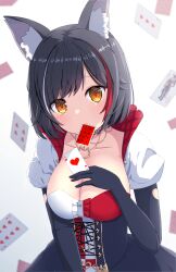 Rule 34 | 1girl, absurdres, ace (playing card), ace of hearts, animal ear fluff, animal ears, black dress, black gloves, black hair, blush, breasts, card, center frills, cleavage, commentary request, dress, elbow gloves, frills, gloves, hand on own chest, heart, highres, holding, holding card, hololive, jewelry, large breasts, light smile, mouth hold, multicolored hair, necklace, official alternate costume, official alternate hair length, official alternate hairstyle, ookami mio, ookami mio (wonderland), playing card, puffy short sleeves, puffy sleeves, red hair, short hair, short sleeves, solo, streaked hair, tarakore sauce, virtual youtuber, wolf ears, yellow eyes