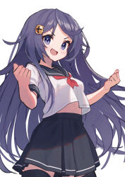 Rule 34 | 1girl, black sailor collar, black skirt, black thighhighs, blue eyes, blue hair, blush, breasts, commentary, feet out of frame, hair ornament, highres, long hair, looking at viewer, medium breasts, midriff peek, mist train girls, neckerchief, open mouth, pleated skirt, queensway (mist train girls), red neckerchief, sailor collar, shirt, short sleeves, simple background, skirt, smile, solo, swept bangs, thighhighs, tomisaka yorui, very long hair, white background, white shirt