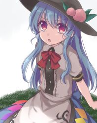 Rule 34 | &gt;:o, 1girl, :o, asa (coco), blue hair, dress, food, fruit, gradient background, hat, hinanawi tenshi, long hair, open mouth, peach, puffy sleeves, red eyes, ribbon, short sleeves, sitting, solo, touhou, v-shaped eyebrows