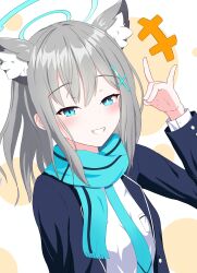 Rule 34 | 1230 mochi, 1girl, absurdres, animal ear fluff, animal ears, blue archive, blue eyes, blue halo, blue jacket, blue scarf, blush, fox shadow puppet, halo, highres, jacket, long hair, looking at viewer, scarf, shiroko (blue archive), shirt, smile, solo, white hair, white shirt