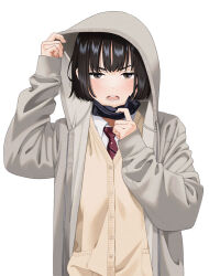 Rule 34 | 1girl, arm up, black hair, blush, collared shirt, diagonal-striped clothes, diagonal-striped necktie, drawstring, grey eyes, grey jacket, hood, hood up, hooded jacket, jacket, long sleeves, looking at viewer, mask, mask pull, mattaku mousuke, mouth mask, necktie, open clothes, open jacket, open mouth, original, puffy long sleeves, puffy sleeves, red necktie, school uniform, shirt, simple background, sleeves past wrists, solo, striped clothes, twitter username, upper body, v-shaped eyebrows, white background, white shirt