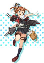 Rule 34 | 1girl, alternate costume, black socks, blue eyes, brown hair, cannon, cat, commentary request, cosplay, full body, gamyuu (gamyu), gloves, hair ribbon, hat, high school fleet, isoroku (haifuri), kantai collection, kneehighs, leg up, loafers, looking at viewer, misaki akeno, neckerchief, open mouth, outstretched arm, peaked cap, polka dot, polka dot background, ribbon, school uniform, shoes, short sleeves, skirt, socks, solo, thigh strap, torpedo, twintails, white gloves