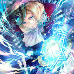 Rule 34 | 1boy, alessandro cagliostro, aqua eyes, armillary sphere, ascot, aura, between fingers, black coat, black gloves, blonde hair, blue hair, brown hat, chain paradox, coat, copyright name, del depths, flask, gloves, glowing, goggles, goggles on headwear, gradient hair, hand up, hat, holding, holding test tube, lapels, light particles, looking at viewer, magic circle, male focus, medium hair, monocle, multicolored hair, mystical high collar, parted bangs, parted lips, round-bottom flask, shirt, smile, solo, test tube, top hat, upper body, wavy hair, white ascot, white shirt