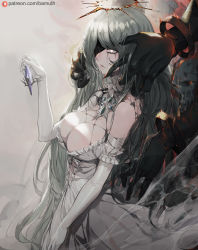 Rule 34 | 1girl, 1other, bamuth, bare shoulders, bracelet, breasts, bright pupils, cleavage, crying, crying with eyes open, dress, elbow gloves, fingernails, gem, gloves, grey eyes, grey hair, halo, hand up, highres, holding, holding gem, holding hair, jewelry, large breasts, long hair, one eye covered, original, parted lips, patreon logo, patreon username, sharp fingernails, skull, tears, white dress, white gloves, white pupils