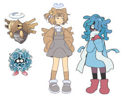 Rule 34 | 2girls, absurdres, animal ears, bell, black socks, blue coat, blue hair, brown hair, brown socks, closed mouth, coat, commentary, creatures (company), dress, english commentary, full body, game freak, gen 1 pokemon, gen 3 pokemon, grey dress, grey footwear, hair ornament, hair over one eye, halo, highres, humanization, long hair, long sleeves, looking at another, magicact, mittens, multiple girls, nintendo, pokemon, pokemon (creature), red footwear, red mittens, reference inset, scarf, shedinja, shoes, short hair, simple background, smile, socks, standing, tangela, white background, white scarf