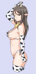 Rule 34 | 1girl, ;), animal collar, animal ears, animal print, areola slip, arm up, bad id, bad twitter id, bell, bikini, black collar, blue background, breasts, brown eyes, brown hair, collar, cow ears, cow horns, cow print, cow print bikini, cowboy shot, cropped legs, elbow gloves, from side, girls und panzer, gloves, highres, horns, kuppipi ramutarou, long hair, looking at viewer, medium breasts, mika (girls und panzer), neck bell, no headwear, one eye closed, print bikini, print gloves, print thighhighs, side-tie bikini bottom, simple background, smile, solo, standing, string bikini, swimsuit, thighhighs, white bikini, white gloves, white legwear