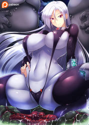 Rule 34 | 1girl, bodysuit, breasts, cleavage, covered erect nipples, fat, fat man, haganef, large breasts, long hair, looking at viewer, monster, navel, purple eyes, silver hair, smile, space sheriff shen, squatting, thighhighs