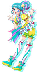 Rule 34 | 1girl, :d, aqua footwear, blue eyes, blue hair, blush, boots, breasts, commentary request, dress, drop shadow, full body, hair bun, hair ornament, hands up, idol clothes, leaning forward, looking at viewer, moudoku (decopon3rd), multicolored hair, open hands, open mouth, pink hair, pinon (pripara), pretty series, pripara, puffy short sleeves, puffy shorts, puffy sleeves, short sleeves, shorts, sidelocks, single side bun, small breasts, smile, solo, standing, star (symbol), star hair ornament, streaked hair, striped clothes, striped thighhighs, thighhighs, white background, yellow dress