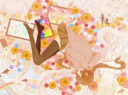 Rule 34 | 1girl, black thighhighs, casual, closed eyes, envelope, flower, full body, highres, komine, letter, long hair, lying, miniskirt, no shoes, on side, picture frame, rainbow, sitting, skirt, solo, standing, surreal, thighhighs, twintails, vocaloid, zettai ryouiki
