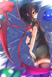 Rule 34 | 1girl, ahoge, arms behind back, ass, asymmetrical wings, back cutout, black dress, black hair, black thighhighs, blurry, blush, borushichi, clothing cutout, depth of field, dress, from behind, houjuu nue, open mouth, pointy ears, profile, short dress, short sleeves, sideways mouth, skindentation, smile, solo, standing, star (symbol), teeth, thighhighs, touhou, ufo, wings, zettai ryouiki
