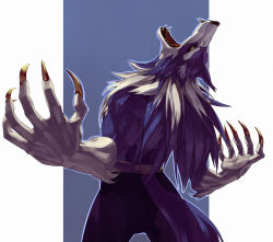 Rule 34 | 1boy, animal ears, blue hair, capcom, claws, fangs, from behind, furry, furry male, gallon (vampire), male focus, muscular, open mouth, pants, shihou (g-o-s), simple background, solo, tail, vampire (game), werewolf, white hair, wolf ears, wolf tail, yellow eyes