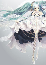 Rule 34 | 1girl, aqua hair, aqua nails, asymmetric gloves, asymmetrical clothes, asymmetrical gloves, bare shoulders, blue eyes, center opening, clothes lift, collarbone, dress, dress lift, floating, gin (oyoyo), gloves, hatsune miku, headset, highres, crossed legs, long hair, nail polish, navel, solo, standing, uneven gloves, vocaloid