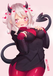 Rule 34 | 1girl, absurdres, black horns, black suit, blush, breasts, demon girl, demon horns, demon tail, formal, gradient background, hands on own chest, heart, heart-shaped pupils, helltaker, highres, hitokuchii, horns, long sleeves, looking at viewer, lower teeth only, medium breasts, medium hair, modeus (helltaker), open mouth, pantyhose, red eyes, red sweater, ribbed sweater, saliva, sidelocks, suit, sweater, symbol-shaped pupils, tail, teeth, turtleneck, turtleneck sweater, white hair
