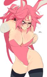 Rule 34 | 1girl, absurdres, adjusting clothes, alternate costume, baiken, bandages, biting own lip, breasts, brekkist, cleavage, curvy, dated, facial tattoo, groin, guilty gear, highres, large breasts, leotard, missing limb, one eye closed, pink eyes, pink hair, playboy bunny, simple background, skindentation, solo, standing, sweat, tattoo, thighhighs, white background
