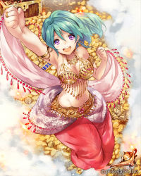 Rule 34 | + +, 1girl, :d, aqua hair, arabian clothes, blue hair, blush, breasts, eikou no guardian battle, genie, harem pants, highres, lamp, looking at viewer, madogawa, navel, official art, oil lamp, open mouth, pants, purple eyes, raised fist, smile, solo, symbol-shaped pupils, treasure chest