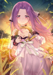 1girl absurdres bare_shoulders blue_sky breasts choker coffeekite dress fate/grand_order fate_(series) forehead gradient_sky hair_ribbon highres layered_dress long_hair looking_at_viewer medusa_(fate) medusa_(lancer)_(fate) off_shoulder orange_sky parted_bangs purple_eyes purple_hair ribbon rider see-through_clothes see-through_clothes see-through_dress sidelocks sky small_breasts smile solo twilight white_dress wreath