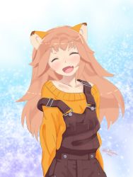 Rule 34 | 1girl, animal ears, bad id, bad twitter id, blush, evilrugasan, closed eyes, fang, farfalia, highres, lion ears, lion girl, long hair, open mouth, overalls, pink hair, pop-up story, smile, solo, suspenders, sweater