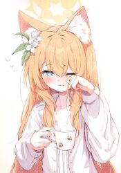 Rule 34 | 1girl, ;3, absurdres, alternate costume, animal ear fluff, animal ears, blue archive, blue eyes, blush, buttons, cat ears, closed mouth, coffee, coffee mug, collarbone, commentary request, cup, emimeku, eyelashes, flower, hair between eyes, hair flower, hair ornament, halo, hands up, highres, holding, holding cup, long hair, long sleeves, looking at viewer, mari (blue archive), mug, one eye closed, orange hair, pajamas, paw print, rubbing eyes, shirt, sidelocks, simple background, sleepy, smile, solo, squeans, steam, upper body, very long hair, white background, white flower, white pajamas, white shirt