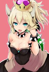 Rule 34 | adjusting hair, armlet, black dress, blonde hair, blue eyes, blush, bowsette, bracelet, breasts, cleavage, collar, commentary request, covered navel, dress, earrings, fangs, forked eyebrows, horns, jewelry, looking at viewer, mario (series), medium breasts, new super mario bros. u deluxe, nintendo, open mouth, pink background, ponytail, sen (astronomy), short hair, simple background, sleeveless, sleeveless dress, slit pupils, solo, spiked armlet, spiked bracelet, spiked collar, spiked shell, spikes, strapless, strapless dress, super crown, thick eyebrows, turtle shell